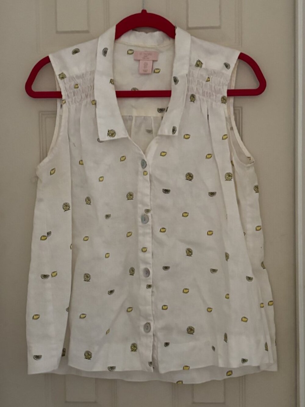 St. Tropez West Blouse Linen White Yellow Lemon Print Smocked Detail Collar S-M